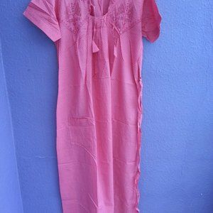 - Full length soft cotton pink dots night wear lingerie beautiful embroidered